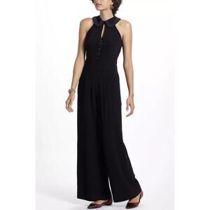 Anthropologie Elevenses Coraline Beaded Collar Wide Leg Jumpsuit Black Womens 6